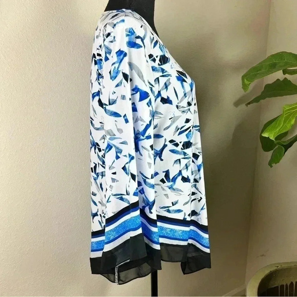 ALFANI Women’s White Navy Blue Ocean Blue Gray Abstract Bell Sleeve Tunic Large - Picture 6 of 15